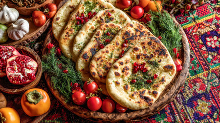A rustic wooden platter showcases warm flatbreads topped with herbs and ruby pomegranate seeds, complemented by ripe tomatoes, garlic bulbs, sweet persimmons, all set agaの写真素材