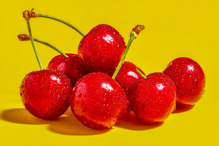 Bright red cherries glisten with tiny water droplets, set against a lively yellow backdrop that...
