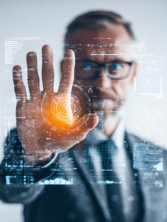 A professional in a sleek office environment interacts with a glowing, high-tech digital display, embodying cutting-edge innovation and dynamic data engagement.のeditorial素材