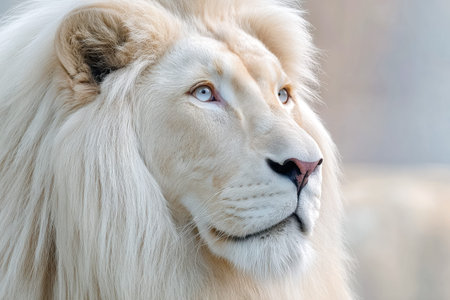 A regal white lion gazes intensely, its icy blue eyes commanding attention amidst a flowing plume of...