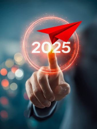A confident professional analyzes a luminous digital display, highlighting 2025 and a vibrant paper...