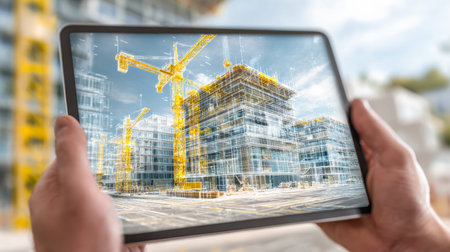 A sleek tablet displays a detailed digital overlay of a contemporary building project, blending virtual designs with real-world construction for precise planning and monitoringの写真素材
