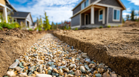 A developing neighborhood features a rough gravel path leading towards fresh-build homes, capturing the early stages of suburban community growth and construction efforts.のeditorial素材