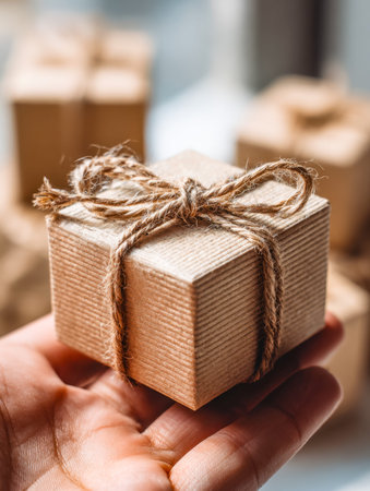 A close-up of a hand delicately gripping a tiny, rustic-present wrapped in kraft paper, adorned with...