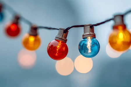 Vibrant string lights cast a lively glow, their vivid hues contrasting softly with a dreamy,...