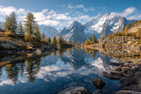 Calm mountain waters mirror fiery fall foliage and jagged peaks beneath a gentle, partly cloudy sky,...