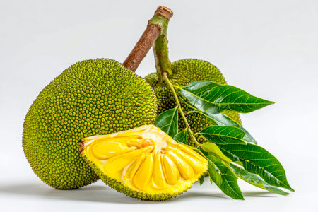 Juicy yellow interior nestled within vivid green, spiky shells evoke freshness and tropical...