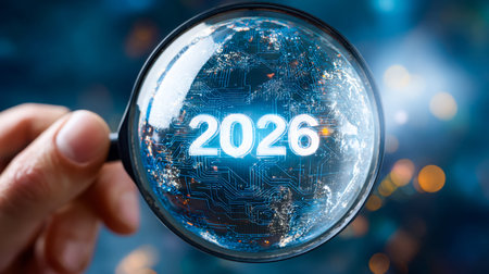 A glowing digital sphere features the year 2026 within, symbolizing next-generation breakthroughs,...