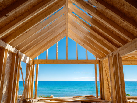 A partially built seaside residence offers a panoramic ocean vista, blending modern architecture...