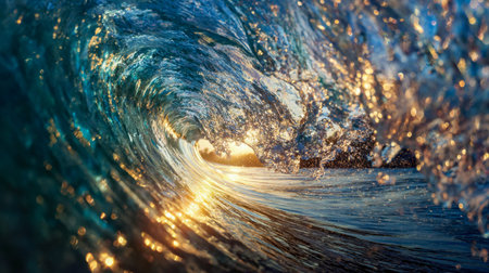 Dawn's golden light illuminates a towering ocean swell, casting shimmering streaks through...