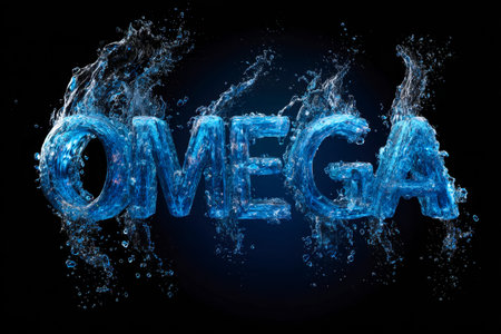 A vivid, energetic burst of frozen water creates the shape of omega with shimmering, translucent...