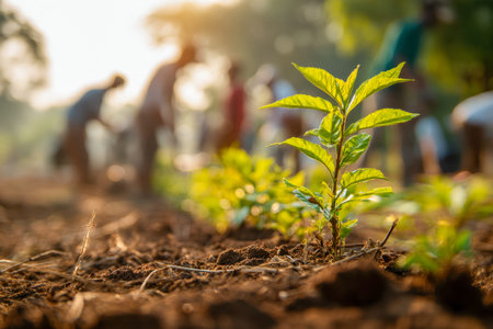 A vibrant seedling emerges from fertile earth, while a collective of volunteers tends to the garden...