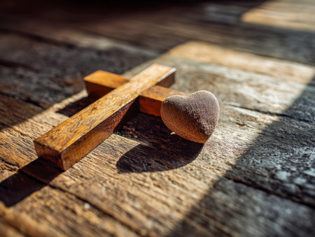 A handcrafted wooden cross paired with a soft fabric heart rests gently on aged wooden planks, bathed in gentle sunlight, evoking serenity and divine tenderness.の写真素材