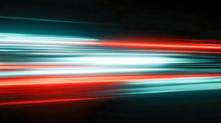 Vibrant red and blue streaks whiz through a shadowy backdrop, capturing an energetic, futuristic...