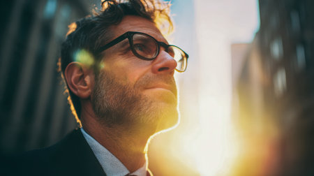 A seasoned gentleman with stylish glasses gazes upward, embodying focus and resolve amid a cityscape bathed in warm evening sunlight.のeditorial素材