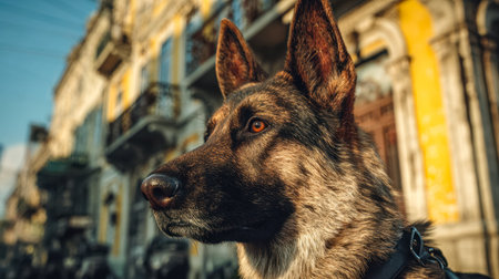 A dedicated German Shepherd stands alert amid city streets, blending strength and attentiveness,...