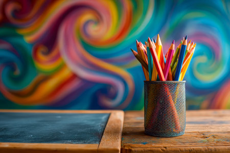 A collection of vivid crayons nestled in a sleek metal container, set against a warm wooden surface and an energetic, swirling backdrop of bold colors and dynamic shapes.の写真素材