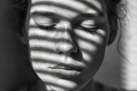 A tranquil young woman?s face in monochrome, bathed in gentle light that creates striking striped patterns, emphasizing her peaceful expression and delicate features.のeditorial素材