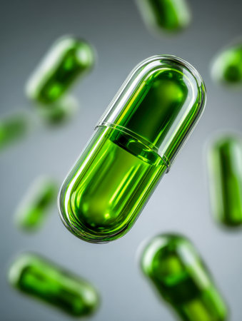 Glowing green capsules drift across a sleek, high-tech environment, symbolizing cutting-edge health solutions and innovative biomedical advancements.の写真素材