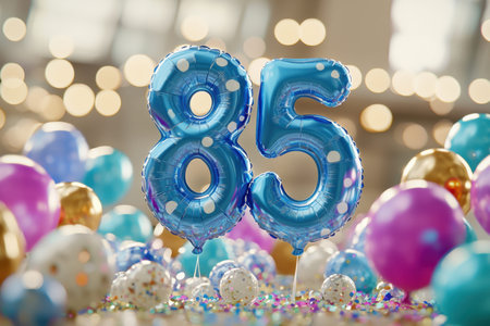 Vibrant celebration scene featuring a large blue '85' helium balloon, encircled by vivid...