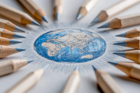 A creative earth illustration encircled by sharpened graphite pencils, blending artistry with craftsmanship to symbolize global unity and imaginative expression.の写真素材