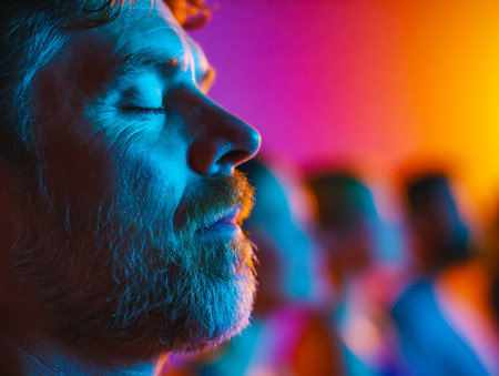 A tranquil figure bathed in a spectrum of vivid hues, his serenity amplified by closed eyes and gentle expressions, evoking introspection and calmness.の写真素材