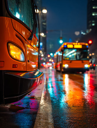 Neon-lit buses cast vibrant reflections on glistening streets, capturing the lively rhythm of city nightlife under a dark, moody sky.の写真素材
