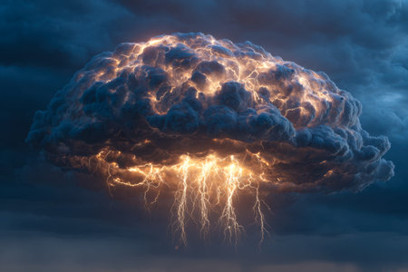 A fierce thunderstorm brews overhead, with jagged lightning illuminating swirling dark skies and...