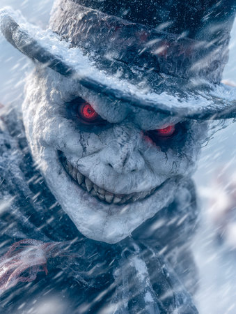 A chilling, frost-covered skull with blazing red orbs and a wicked grin emerges from swirling snow, evoking dread in a fierce, wind-swept winter landscape.のeditorial素材