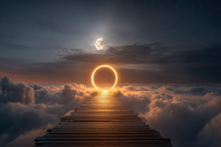 A luminous circle floats amidst pastel clouds at dusk, connected by a rustic wooden beneath a...