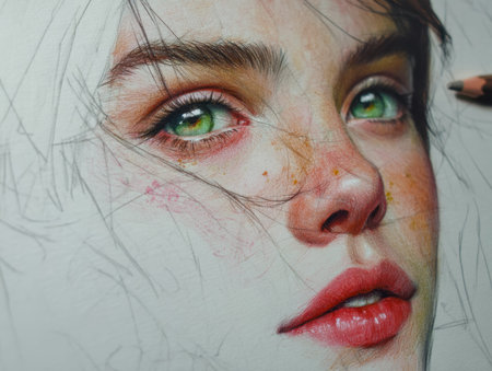 A lifelike watercolor depiction capturing a young womanâs intense green eyes and vivid personality, highlighting expressive features and a captivating, warm mood.のeditorial素材