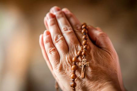 Tender hands of wisdom clutch a wooden cross and beads, embodying serenity and devotion amid a...