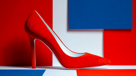 A sleek red stiletto stands out against vibrant, contrasting backdrops, exuding confidence and elegance, perfect for fashion and style inspirations.の写真素材