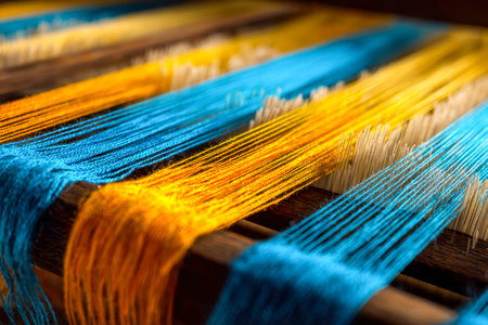 A burst of vivid hues as colorful yarns intertwine on an aged wooden loom, evoking craftsmanship and cultural heritage through intricate craftsmanship.の写真素材