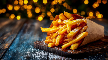 Golden, crunchy fries topped with coarse salt sit invitingly on a rustic wooden surface, illuminated...