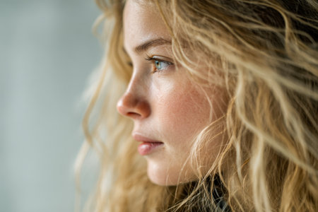 An intimate portrait capturing a woman's serene expression, her radiant blonde waves cascading softly, accented by piercing azure eyes that convey depth and tranquility.のeditorial素材