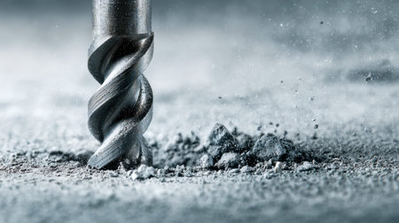 A powerful drill bit powers through a solid concrete slab, sending clouds of dust and fragments into...