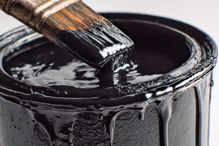 A top-down view captures a paintbrush coated in rich, shiny black glaze, with viscous drips descending into a plain white background, emphasizing texture and artistry.の写真素材