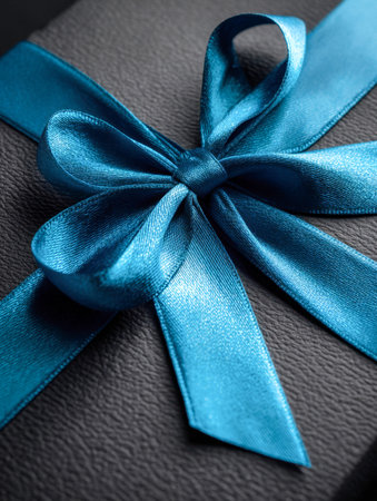 A luxurious blue satin bow adorns textured black wrapping paper, creating a sophisticated and festive presentation for cherished celebrations.の写真素材
