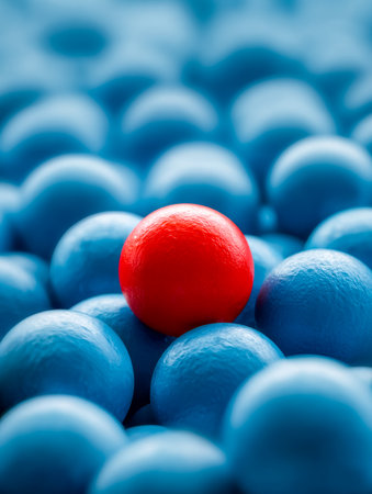 A striking crimson sphere commands attention among a sea of azure counterparts, set against a lively, vivid backdrop.の写真素材