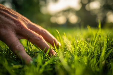 A gentle touch reveals life's connection to nature, as warm sunlight caresses lush greenery in a serene outdoor scene filled with tranquility.の写真素材