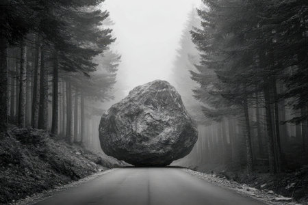 An enormous stone hovers impossibly above a quiet woodland pathway, shrouded in misty gloom amidst towering pines, evoking an unsettling, otherworldly scene at dawn.の写真素材