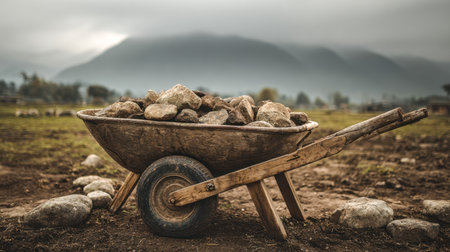 A weathered wooden cart brimming with smooth rocks rests amidst lush farmland, with fog-shrouded peaks looming softly in the gray, overcast landscape.の写真素材