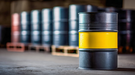 A sleek black steel container featuring a vivid yellow band, positioned on a concrete floor amid...