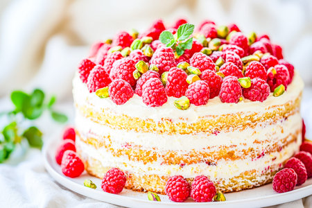 A vibrant, multi-layered cake showcasing crimson raspberries and green pistachios, topped with...