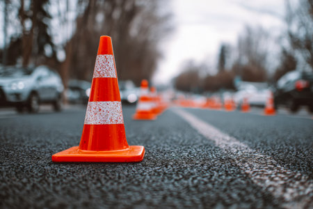 A series of vibrant orange markers stretch along a city street, directing flow amid ongoing construction, with streaked vehicles and leafy greenery softly blurring in subdued lightの写真素材