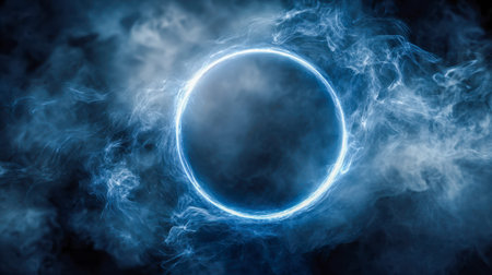 An enigmatic azure halo radiates softly amid curling tendrils of fog, set against a shadowy backdrop...