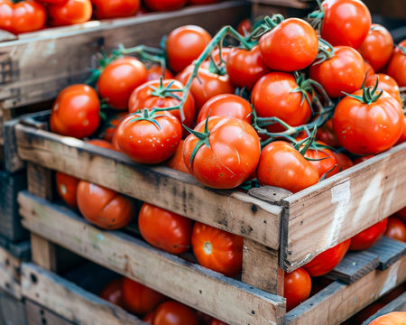 Fresh organic red tomatoes on summer tray at local farmers market agriculture farmの写真素材