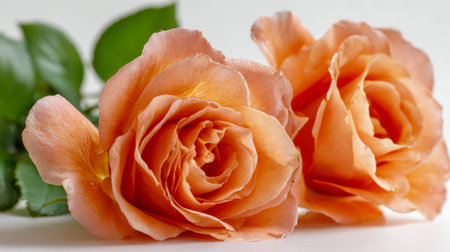 A gentle arrangement of two blush-hued roses with tender petals, complemented by lush green foliage, captured in a tranquil and intimate style.の写真素材