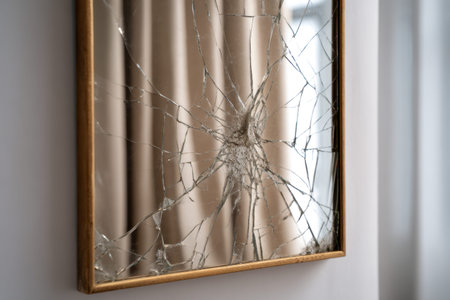 A fractured mirror encased in a sleek frame captures gentle beige drapes, casting subtle reflections...